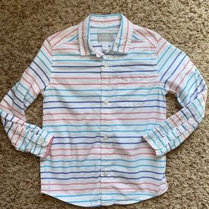 5t boys white button down with pink, blue and purple stripes